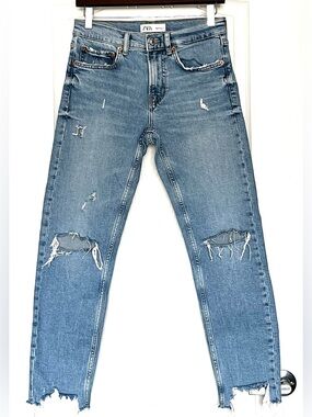 Zara The Slim Boyfriend Jeans Beach Blue Size 2 Distressed Raw Hem Grunge Y2K